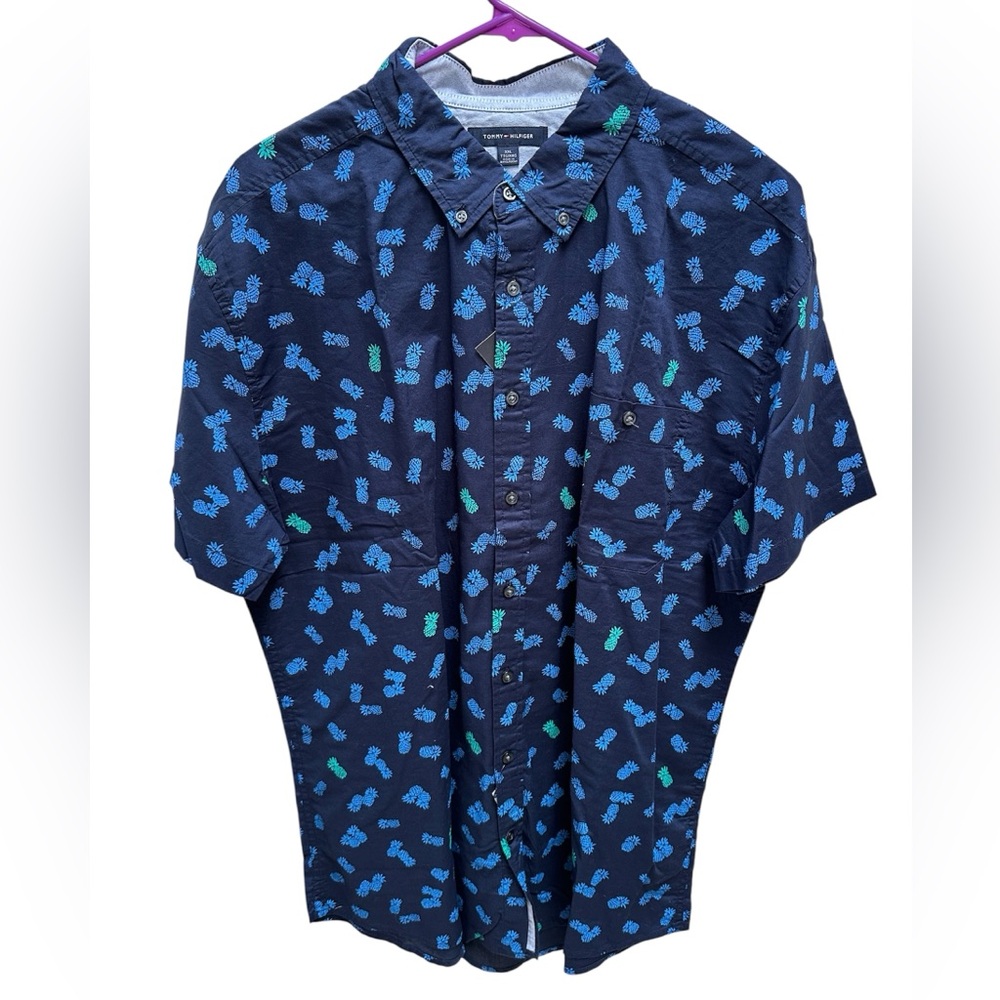 Tommy Hilfiger Men’s 2XL Navy Blue Pineapple Hawaiian Print Aloha Shirt NWT